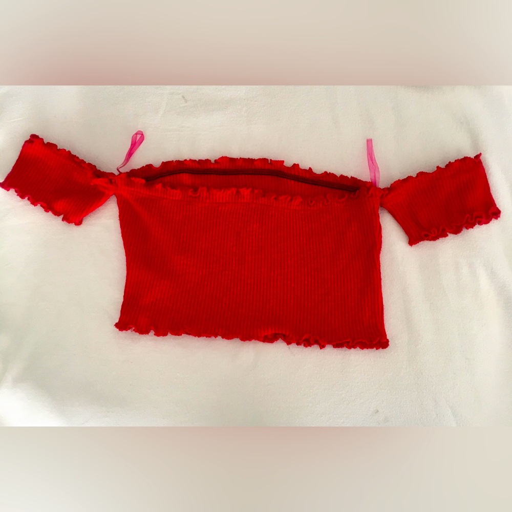 Lock & Key Frill Trim Off Shoulder Red Crop Top